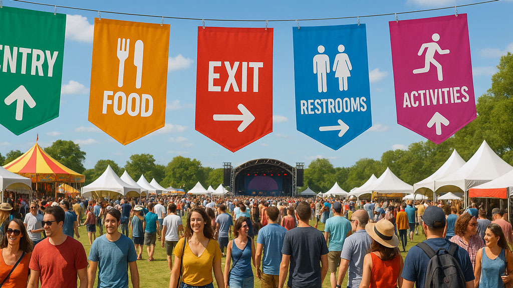 event-space-with-directional-hanging-banners-showing-entry-exit-and-zones