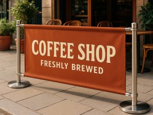 a-cafe-barrier-infront-of-coffee-shop-with-brown fabric banner-between-two-stainless-steel-posts